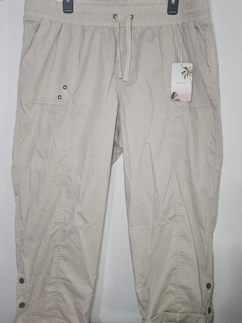 Palm Rio Crop Pants beige Cotton New With Tags Size xl adjustable pull on